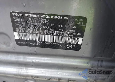 2019 Mitsubishi Outlander Es z USA, uszkodzony, nr VIN JA4AD2A33KZ007966